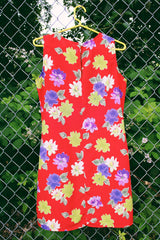 Women's vintage 1990's NY & CO label sleeveless mini dress in a lightweight polyester material in red with all over multicolored floral print.