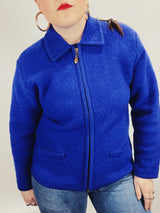 long sleeve blue boiled wool zip up cardigan sweater