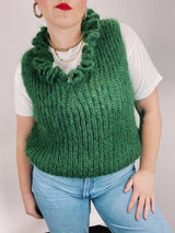 sleeveless green mohair sweater vest with ruffle trim