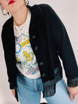 long sleeve button up sweater with fringe trim