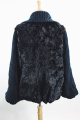 Women's vintage 1980's Luh - London, Paris, New York label long sleeve zip up jacket in black with genuine fir body and ribbed knot arms. Balloon shaped arms.