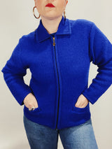 long sleeve blue boiled wool zip up cardigan sweater