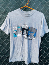 Women's or men's vintage 1983 Super Shirts, Made in USA label Medium short sleeve heather grey t-shirt with cartoon cat graphic on the front in blue, black, and white.