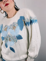 white long sleeve pullover sweater with blue pattern