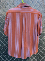 Men's vintage 1960's Towncraft Penneys short sleeve button up rayon shirt in brown with purple vertical stripes.
