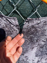 Women's vintage 1970's short length short sleeve grey printed dress with big bell sleeves in a cotton material.