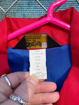 Women's or men's vintage 1970's Swingster, World of Wearables label long sleeve blue and red lightweight zip up windbreaker with a western style.