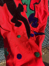 Women's vintage 1980's Dawn Joy Fashions label long sleeve double breasted red blazer with velvet lizards on it.