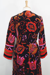 Women's vintage 1970's Dynasty label long sleeve long length velvet material puffy duster jacket in black, purple, and pink colors.