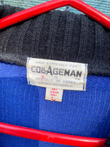 Men's or women's vintage 1970's Made exclusively for Collageman label long sleeve pullover sweater with suede front and a collar. Black, red, yellow, and blue collars.