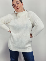Women's 1980's Spunky, Made in USA label long sleeve white pullover sweater with a mock neck in acrylic textured material.