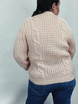 Women's vintage 1990's Karen Scott label long sleeve pale pink mohair button up cardigan with cable knit texture.
