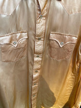 Men's vintage 1950's H Bar C Ranchwear, Long Tail label long sleeve western shirt in satin yellow color with pearly snap buttons.