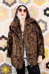 Women's vintage 1960's Sears Fashions label long sleeve double breasted chocolate brown faux fur pea coat with big gold buttons.