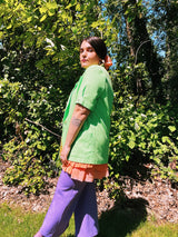 Women's vintage 1980's Sag Harbor label short sleeve lightweight lime green blazer with a one button closure. Rayon and Polyester material, perfect for Summer.