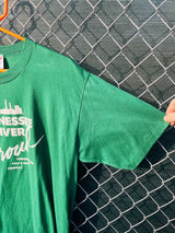 Men's or women's 1980's Jerzees, Made in USA label XXL short sleeve green graphic t-shirt with white Tennessee River graphic on the front.