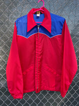 Women's or men's vintage 1970's Swingster, World of Wearables label long sleeve blue and red lightweight zip up windbreaker with a western style.