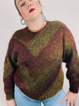 long sleeve mohair pullover sweater in maroon and green