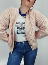 Women's vintage 1990's Karen Scott label long sleeve pale pink mohair button up cardigan with cable knit texture.