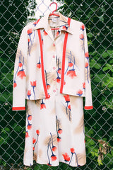 Women's vintage 1970's Puritan Forever Young label matching set. Short sleeve midi length dress and matching long sleeve open front cardigan in polyester. Cream with all over red floral print.