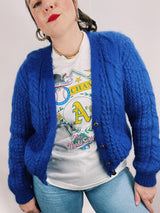 long sleeve cable knit blue mohair cardigan