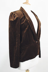 Women's vintage Modernage Sportswear Inc. label long sleeve chocolate brown velvet blazer with button front closure and double lapel.