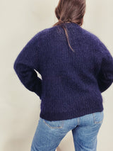 Men's or women's vintage 1980's long sleeve pullover crew neck sweater in dark navy blue in mohair material.