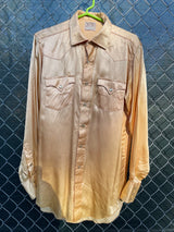 Men's vintage 1950's H Bar C Ranchwear, Long Tail label long sleeve western shirt in satin yellow color with pearly snap buttons.
