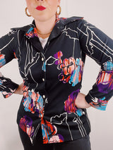 long sleeve black abstract print blouse