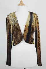 Women's vintage 1990's High Drama label long sleeve cropped fit open front velvet top with an all over black and gold snakeskin print.