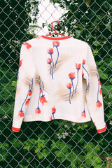 Women's vintage 1970's Puritan Forever Young label matching set. Short sleeve midi length dress and matching long sleeve open front cardigan in polyester. Cream with all over red floral print.