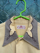 Men's vintage 1950's Brent label long sleeve button up shirt with dagger collar in a yellow collar and grey trim with a western style.