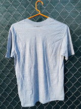 Women's or men's vintage 1983 Super Shirts, Made in USA label Medium short sleeve heather grey t-shirt with cartoon cat graphic on the front in blue, black, and white.