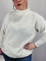 Women's 1980's Spunky, Made in USA label long sleeve white pullover sweater with a mock neck in acrylic textured material.