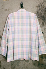 Women's vintage 1990's Alfred Dunner, Made in USA label long sleeve lightweight checkered plaid blazer with a one button closure in pink, blue, green, and yellow pastel colors.
