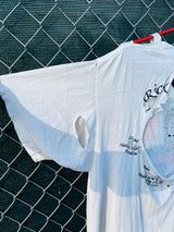 Women's or men's vintage 1980's Star California, Made in Chile label XL short sleeve white graphic t-shirt with Betty Boop on a motorcycle on the front.