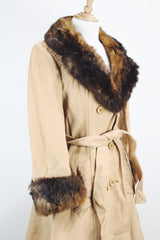 Women's vintage 1970's Domino, New York label long sleeve knee length light tan camel colored wool coat with brown genuine fur trim around collar and cuffs.