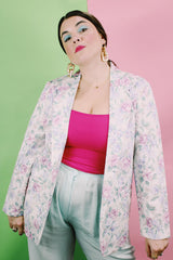 Women's vintage 1980's LORI of California by AM Casuals label long sleeve floral print blazer with one button closure. White with pink and blue flowers. Lightweight cotton material.