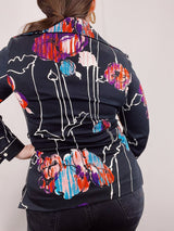 long sleeve black abstract print blouse