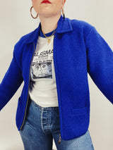 long sleeve blue boiled wool zip up cardigan sweater