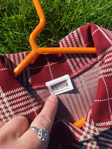 Women's vintage 1970's Montgomery Ward label long sleeve button up polyester shirt blouse in maroon and cream colored checkers.