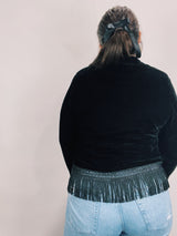 long sleeve button up sweater with fringe trim