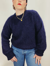 Men's or women's vintage 1980's long sleeve pullover crew neck sweater in dark navy blue in mohair material.