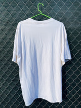 Men's or women's vintage 1990's All Sport Proweight Preshrunk, Made in USA label XXL short sleeve white t-shirt with blue garage sale graphic on the front.