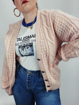 Women's vintage 1990's Karen Scott label long sleeve pale pink mohair button up cardigan with cable knit texture.