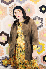 Women's vintage 1960's Emerald Fine Fashions label 3/4 arm length long tan suede mod style jacket with genuine fur trim around neck.