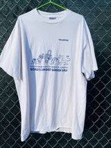 Men's or women's vintage 1990's All Sport Proweight Preshrunk, Made in USA label XXL short sleeve white t-shirt with blue garage sale graphic on the front.
