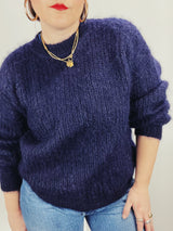 Men's or women's vintage 1980's long sleeve pullover crew neck sweater in dark navy blue in mohair material.