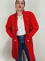 red long sleeve long length cardigan