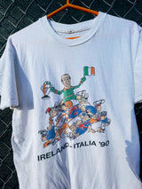 Women's or men's vintage 1990's short sleeve white t-shirt with a multicolored world cup soccer graphic on the front.